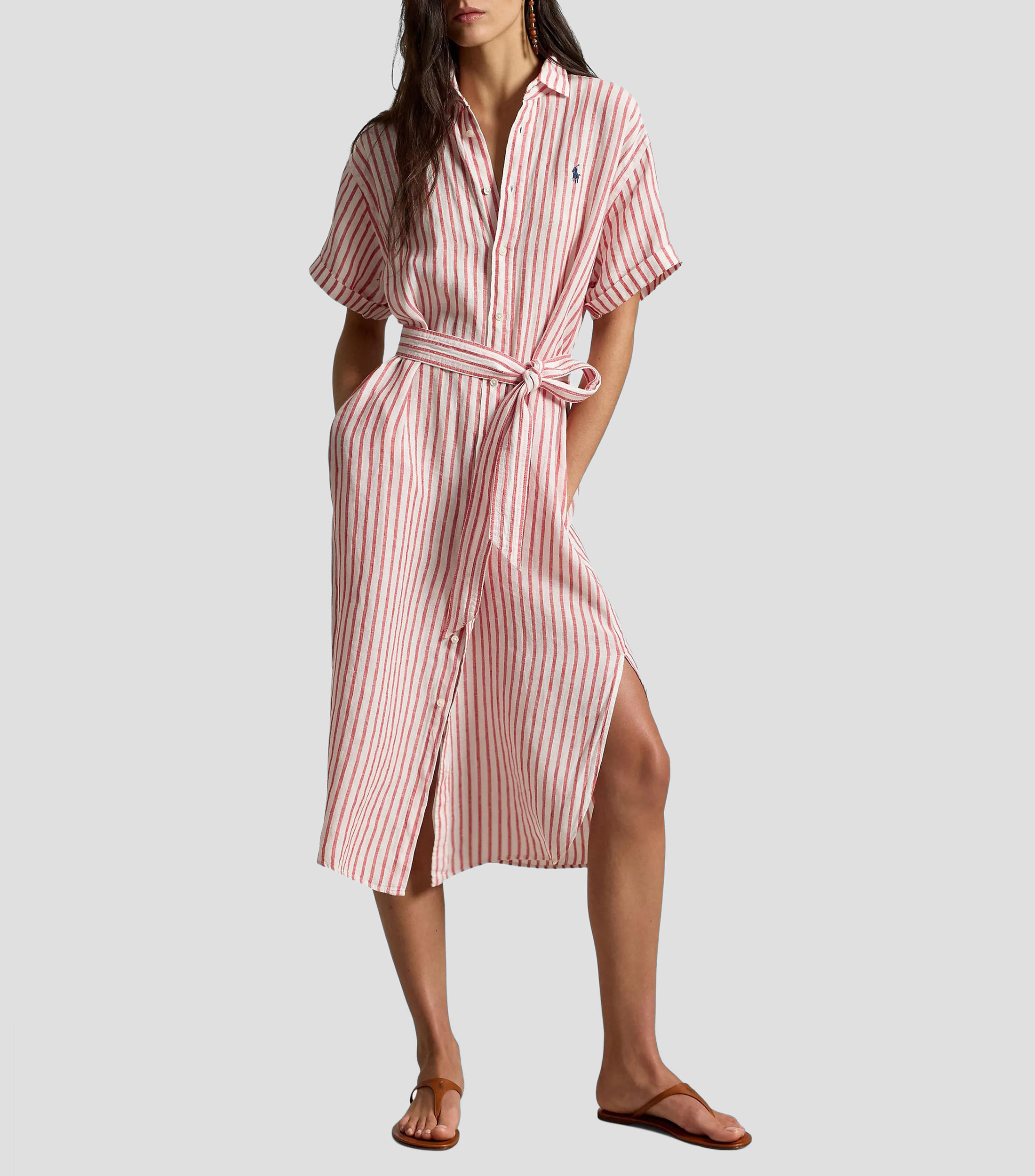 Vestido camisero midi con rayas Mujer